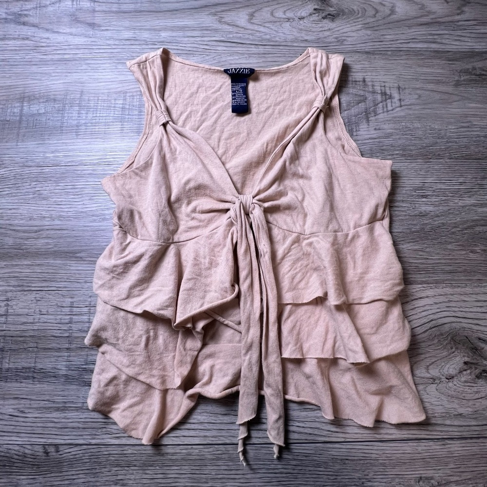 Jazzie Tank Top Women Large Pink Tiered Ruffle V-Neck Tie‎ Front Sleeveless AA40
